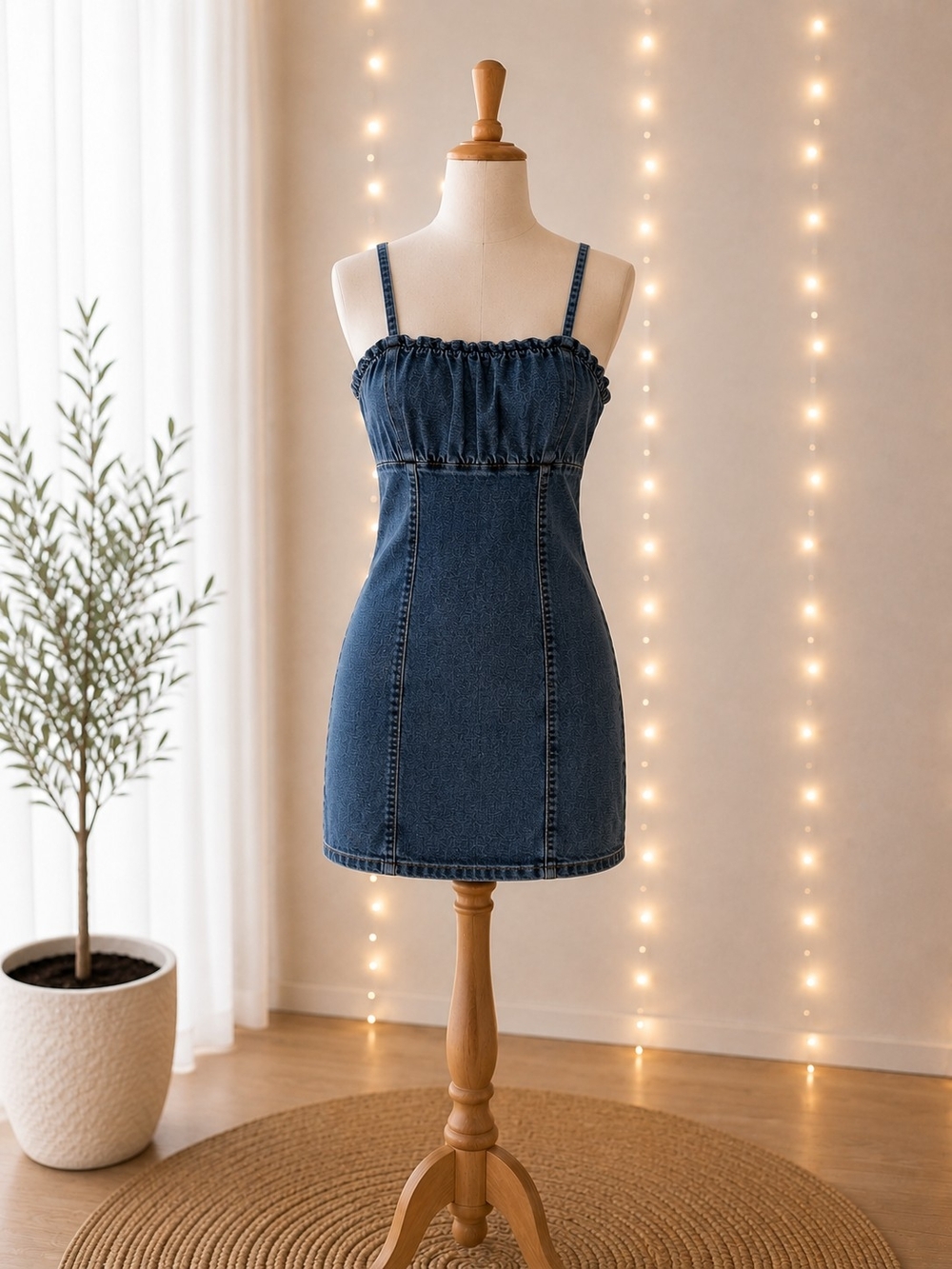 H&M Divided Denim Mini Dress Medium Blue Ruched Bodycon Spaghetti Strap Y2K